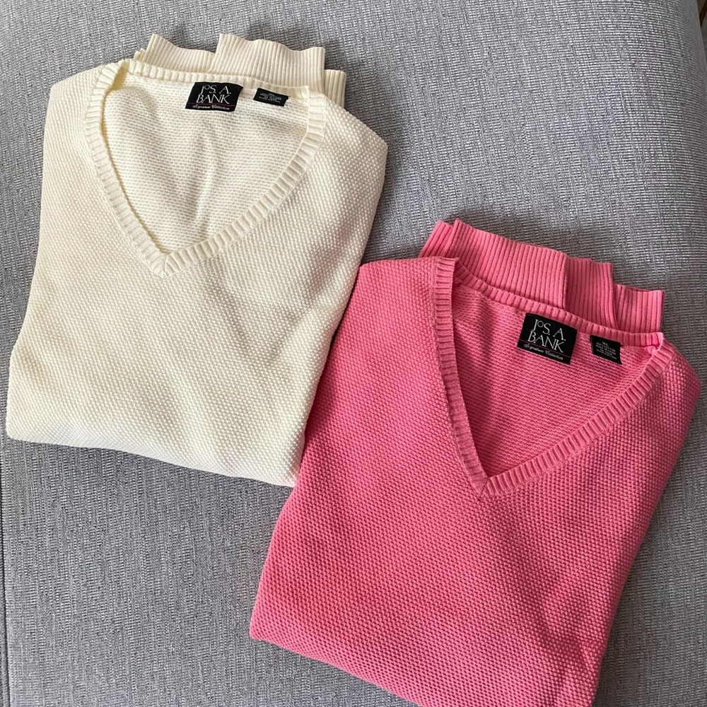 Bundle of 2 Mens Sweater V‎ neck  XL Jos A Bank Collection Cotton Waffle